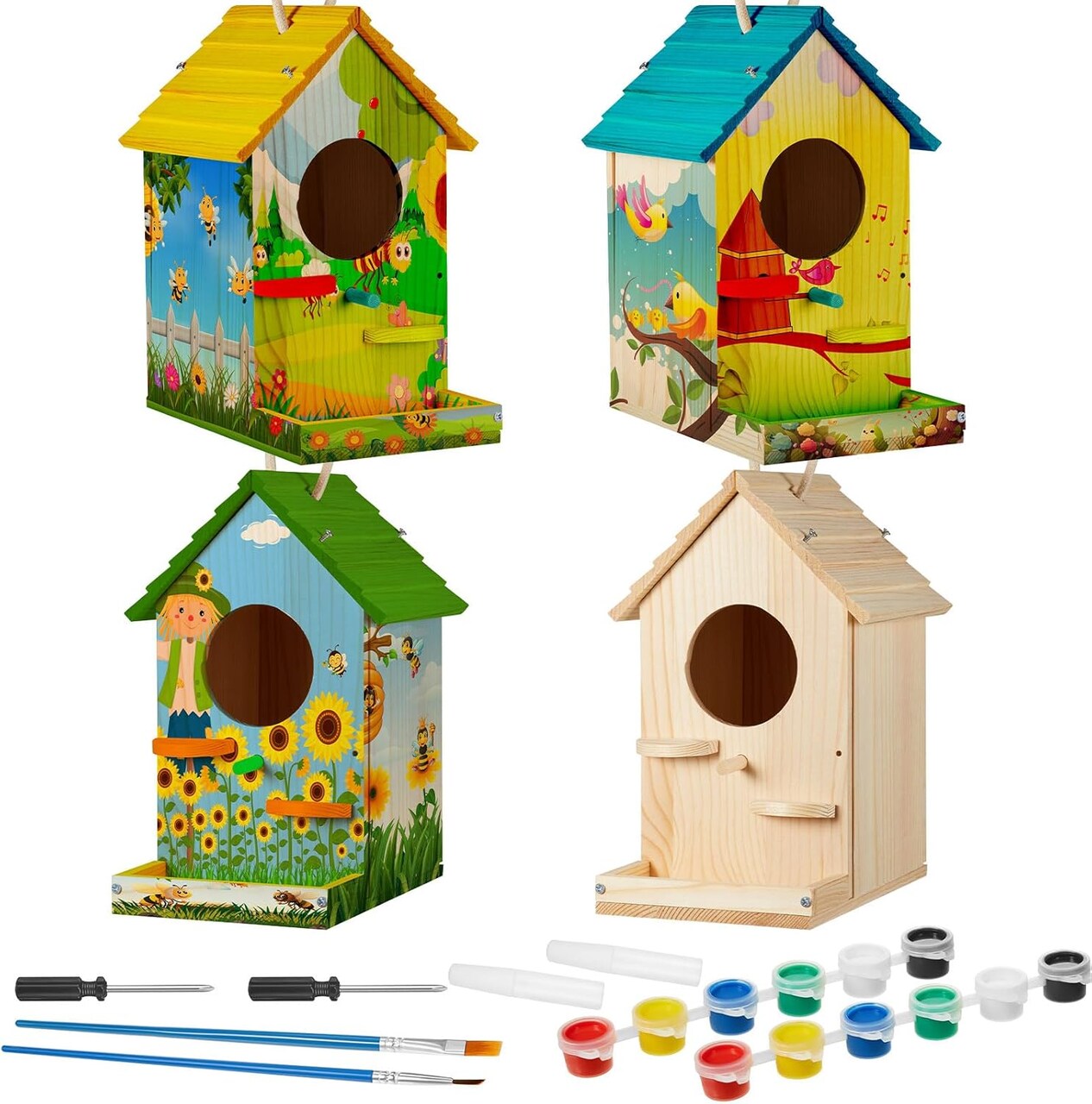 2 Pack Birdhouse Kit DIY Wooden Bird House with Paint and Paintbrushes